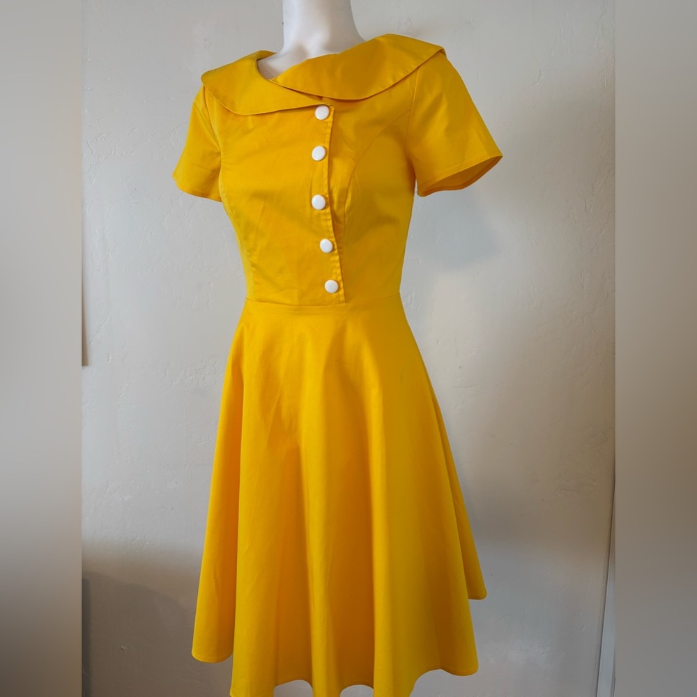 FINAL! BEAUTIFUL! RICH LEMON YELLOW BOAT NECK MID LENGTH DRESS ROCKABILLY TRAD